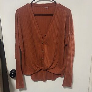 Rust Orange Ribbed Button-Up Cardigan